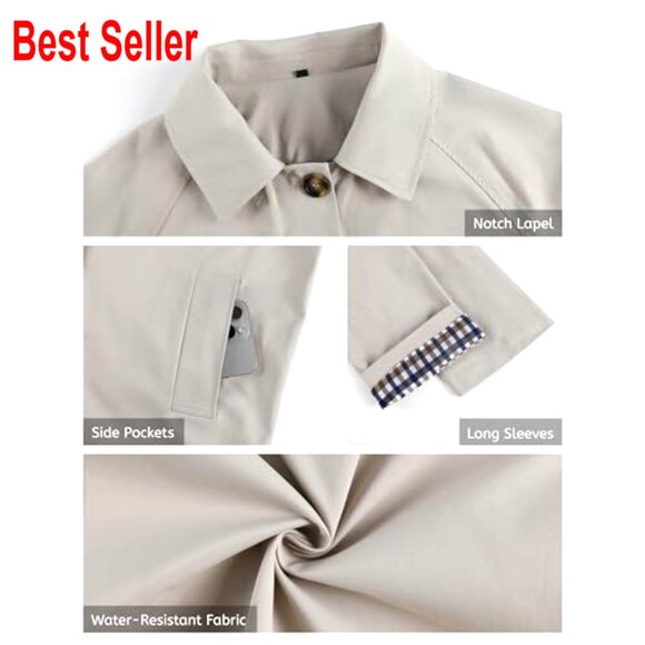 Oversized Trench Coat Classic Chic Button Up Jacket Plaid Lined Outerwear - Picture 5 of 7